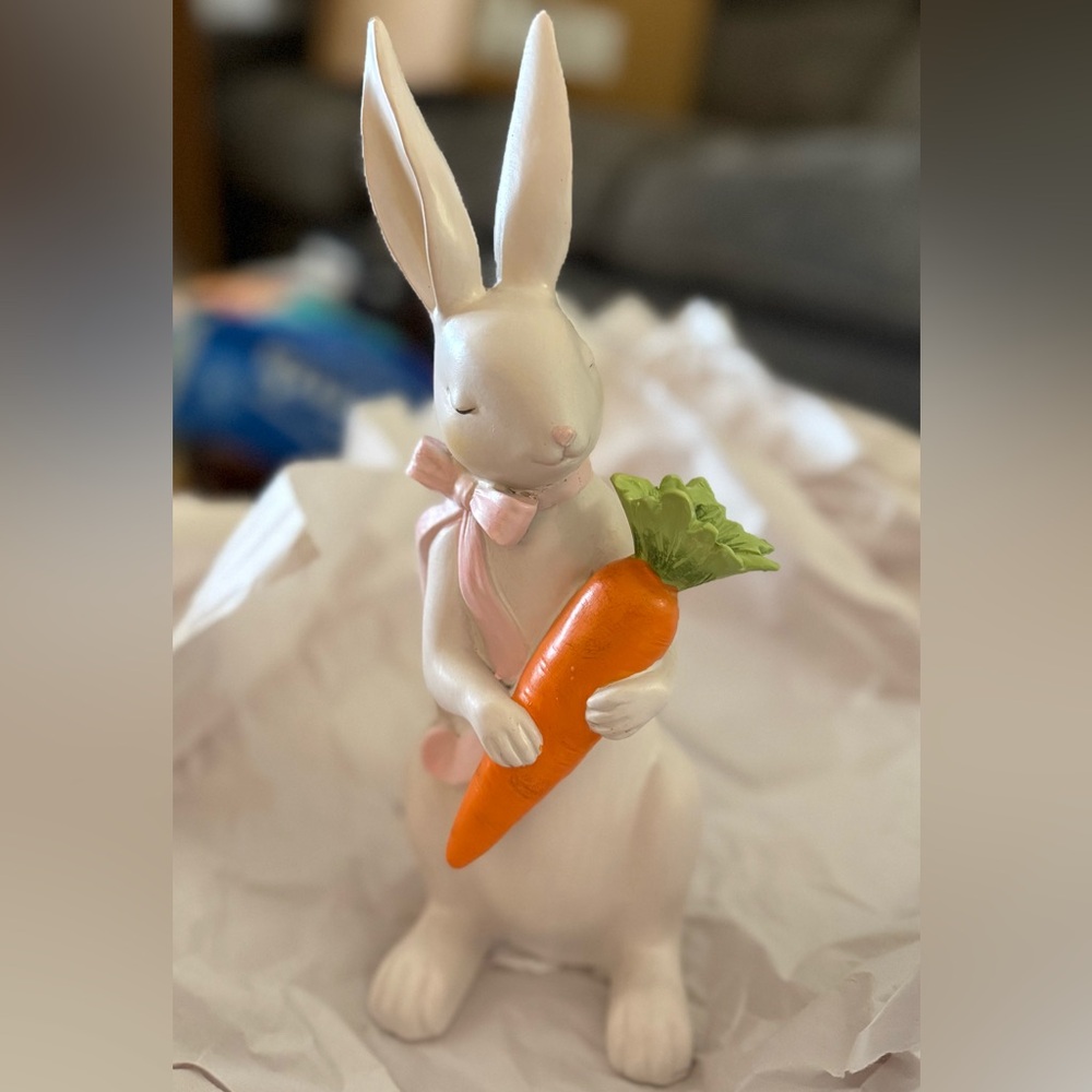 Easter Bunny Wearing Pink Bow Holding a Carrot. 11 inches tall